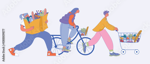 Flat Vector Illustration Characters with grocery bags, bicycle basket, and shopping cart filled with Groceries isolated. Three Characters walking with fresh produce in a casual, colorful scene.