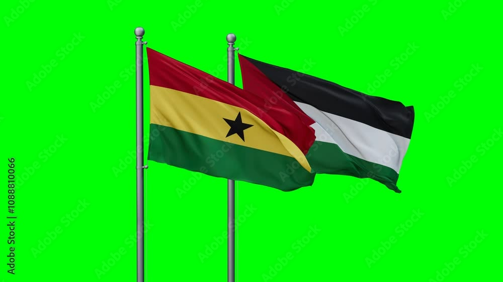 Palestine and Gaza Strip and Ghana two flags waving together on blue , video concept of the relationship with colored chroma key for easy background remove Palestine and Gaza Strip and Ghana two flags waving together on blue , video concept of the relationship with colored chroma key for easy background remove