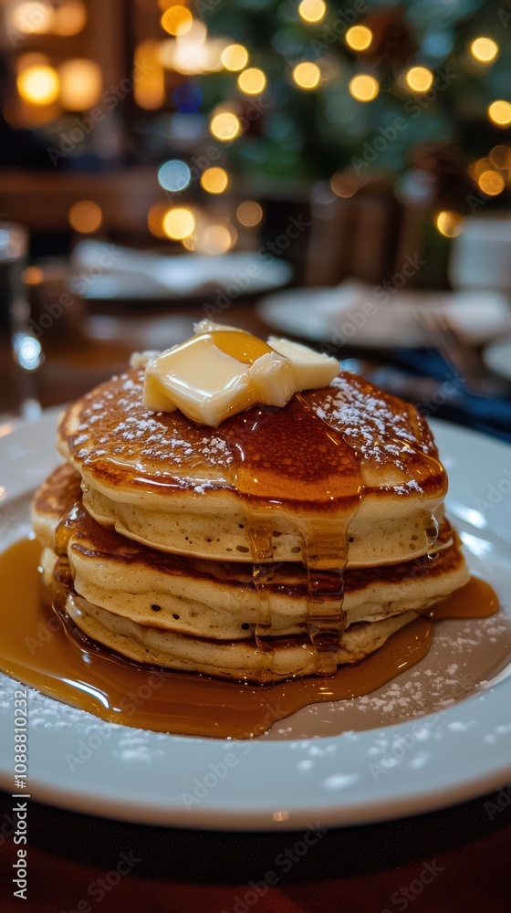 Delicious stack of fluffy pancakes drizzled with syrup and topped with creamy butter, served on a plate with warm bokeh background in a cozy atmosphere Delicious stack of fluffy pancakes drizzled with syrup and topped with creamy butter, served on a plate with warm bokeh background in a cozy atmosphere