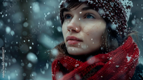 Portrait of young beautiful woman in winter clothes and strong snowing