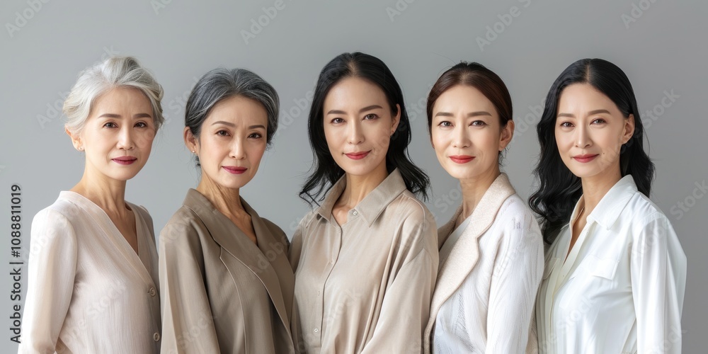 Five Asian Women Posing Together in a Studio Five Asian Women Posing Together in a Studio