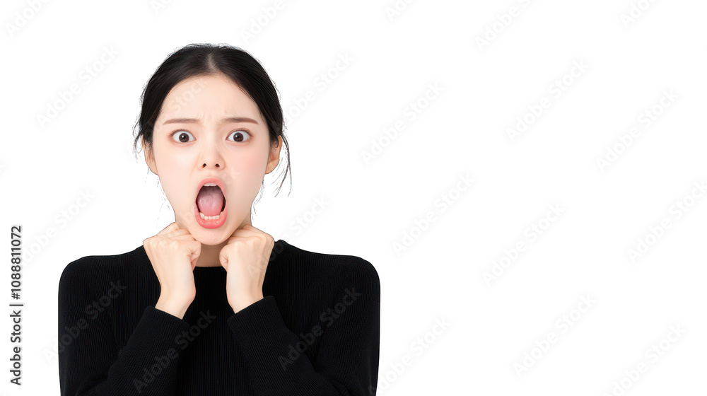 A woman expressing shock or fear with a dramatic facial expression. Transparent background. A woman expressing shock or fear with a dramatic facial expression. Transparent background.
