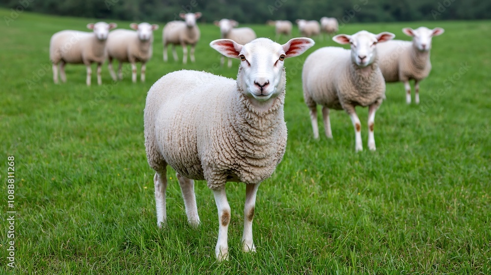 Shepherd Leading Herd of Sheep Across Lush Grassy Countryside Shepherd Leading Herd of Sheep Across Lush Grassy Countryside