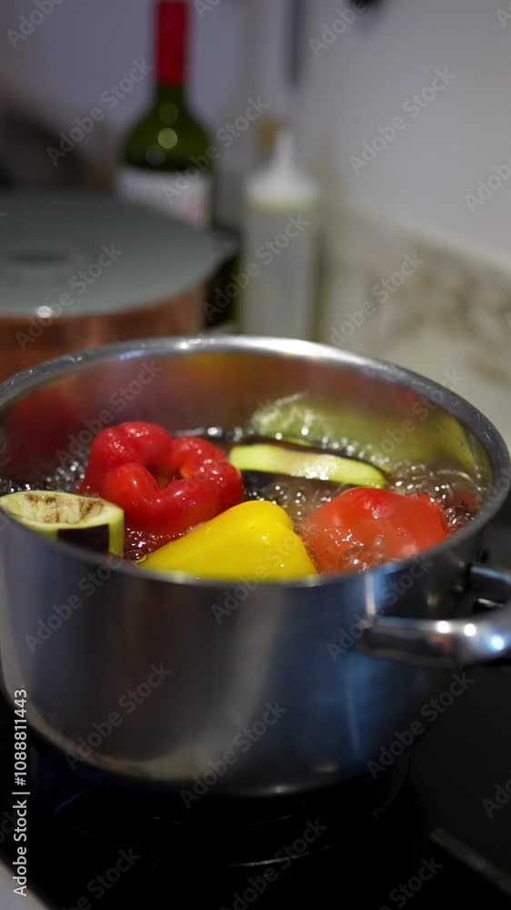 Assorted vegetables, including peppers and eggplant, boiling in a stainless steel pot on a stovetop. Cooking at home. Healthy vegetarian diet Assorted vegetables, including peppers and eggplant, boiling in a stainless steel pot on a stovetop. Cooking at home. Healthy vegetarian diet