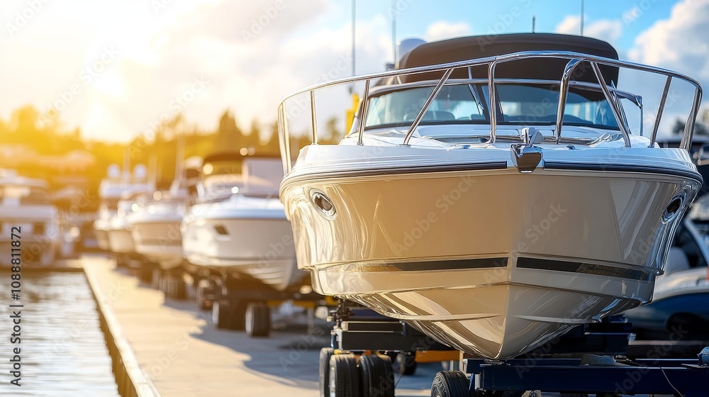 Fototapeta premium Boat for Sale:Ready for Your Next Adventure.Concept of Recreational boating,water sports,outdoor lifestyle,second-hand market,Boat dealerships,marine repair,boat storage,online marketplaces for boats.