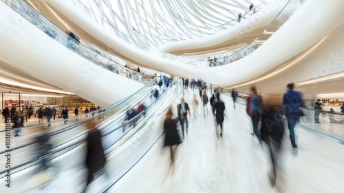 Blurred shoppers moving on escalators in a modern mall.