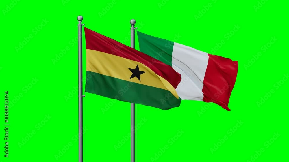 Italy and Ghana flags flying together, video concept of the relationship with colored chroma key for easy background remove, two country cooperation concept Italy and Ghana flags flying together, video concept of the relationship with colored chroma key for easy background remove, two country cooperation concept