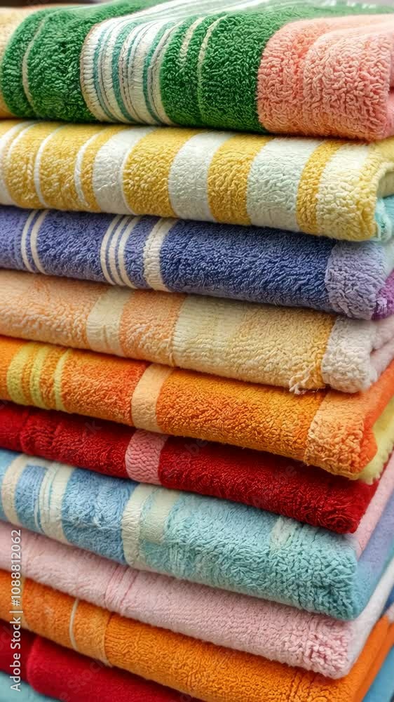 A close-up view of several neatly folded bath towels stacked on top of each other A close-up view of several neatly folded bath towels stacked on top of each other