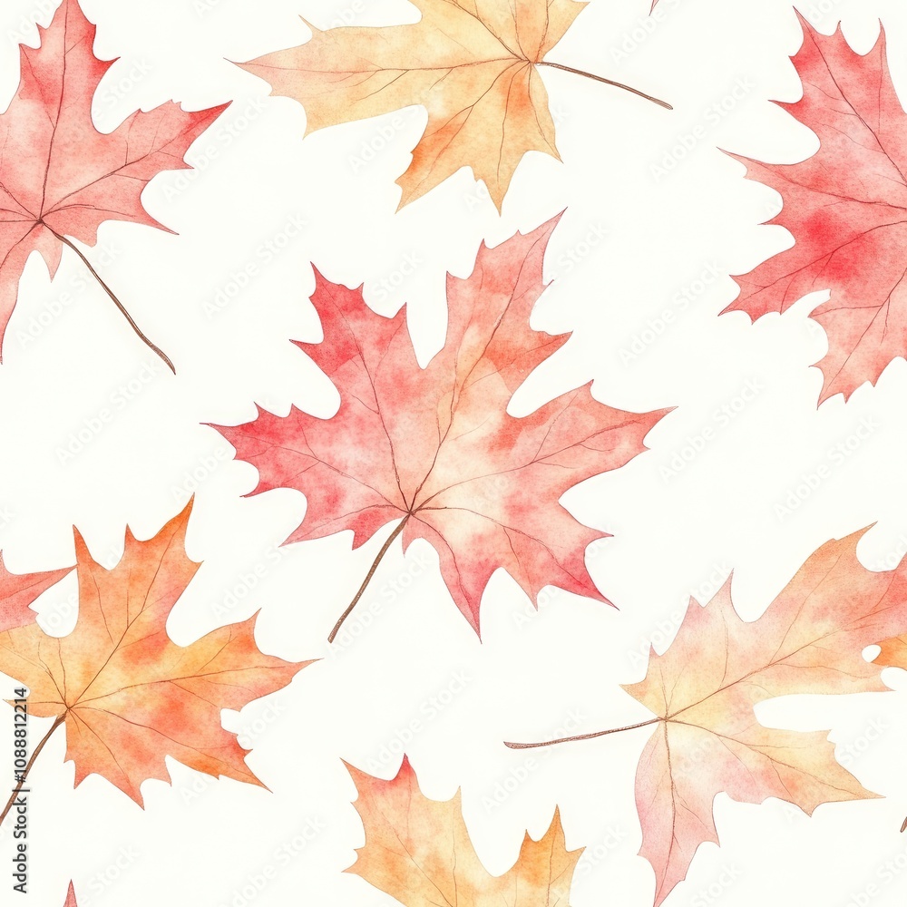 Fototapeta premium A seamless pattern of watercolor autumn leaves in shades of red and orange on a light background.