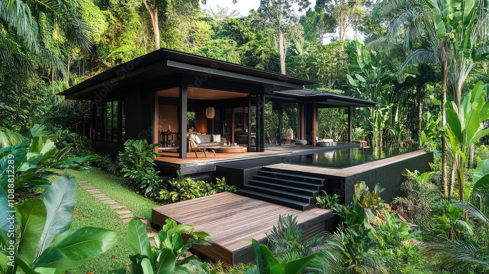 Modern black house nestled in lush tropical jungle foliage with infinity pool. Modern black house nestled in lush tropical jungle foliage with infinity pool.