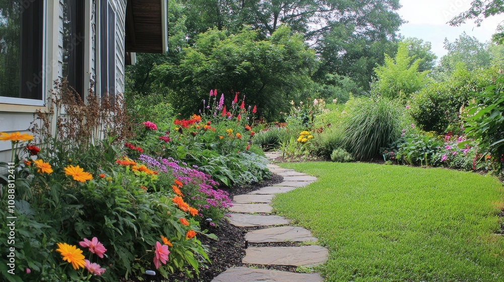 Beautiful Garden Pathway with Vibrant Flowers Beautiful Garden Pathway with Vibrant Flowers