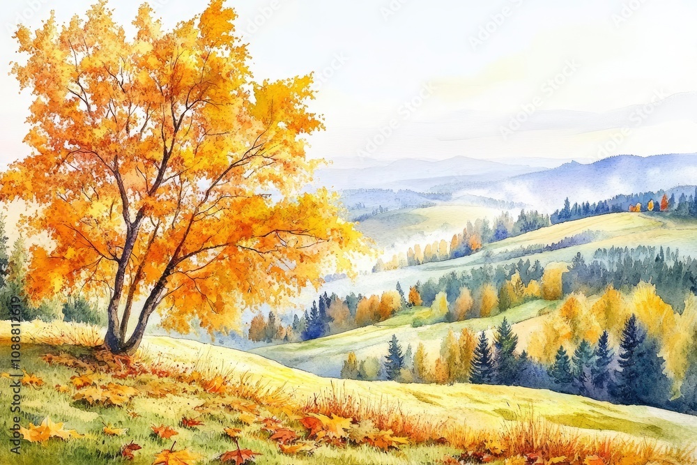 A serene autumn landscape featuring a vibrant tree amidst rolling hills and distant mountains. A serene autumn landscape featuring a vibrant tree amidst rolling hills and distant mountains.