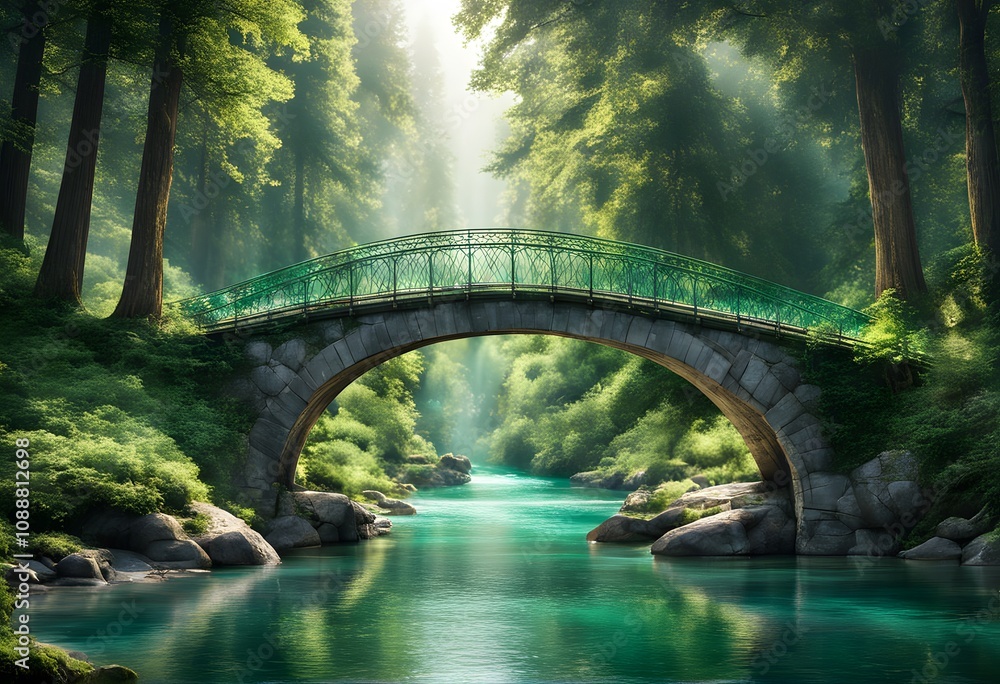 A magical bridge over a sparkling green river surrounded by tall trees, Ai Generated A magical bridge over a sparkling green river surrounded by tall trees, Ai Generated