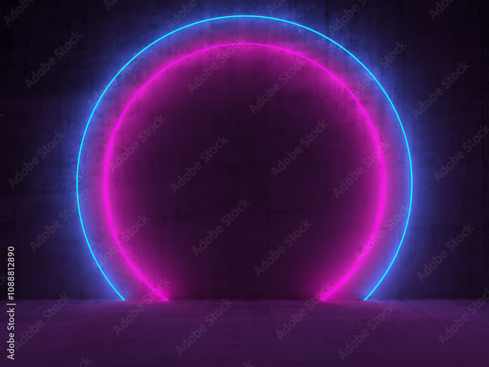 Modern futuristic neon lights on old grunge brick wall Modern futuristic neon lights on old grunge brick wall