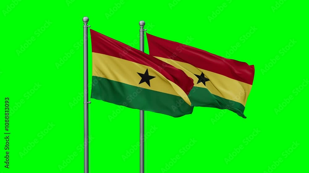 Two Ghana flags flying together, video concept of the relationship with colored chroma key for easy background remove Two Ghana flags flying together, video concept of the relationship with colored chroma key for easy background remove