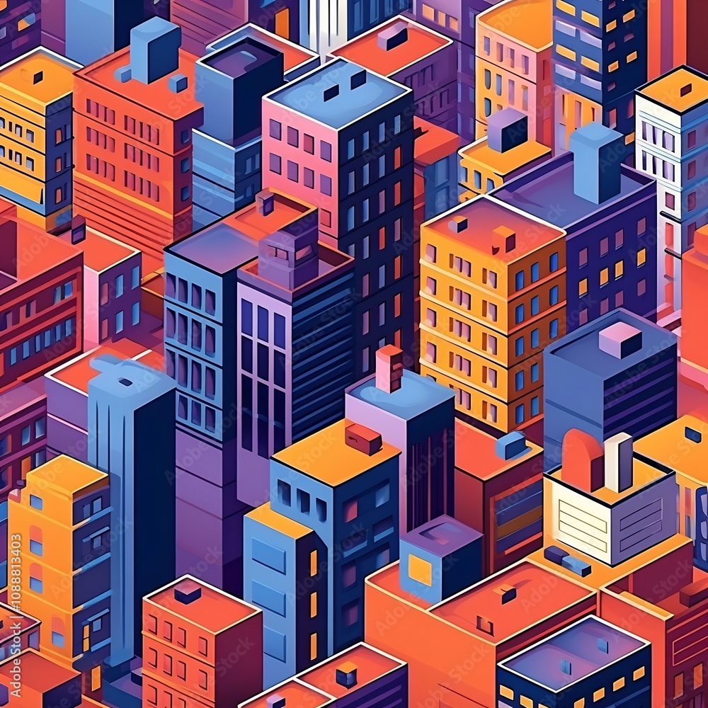 Vibrant Isometric Cityscape with Bold Color Contrasts and Seamless Architecture Vibrant Isometric Cityscape with Bold Color Contrasts and Seamless Architecture