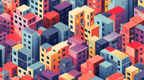 Vibrant Isometric Cityscape with Colorful Abstract Building Pattern