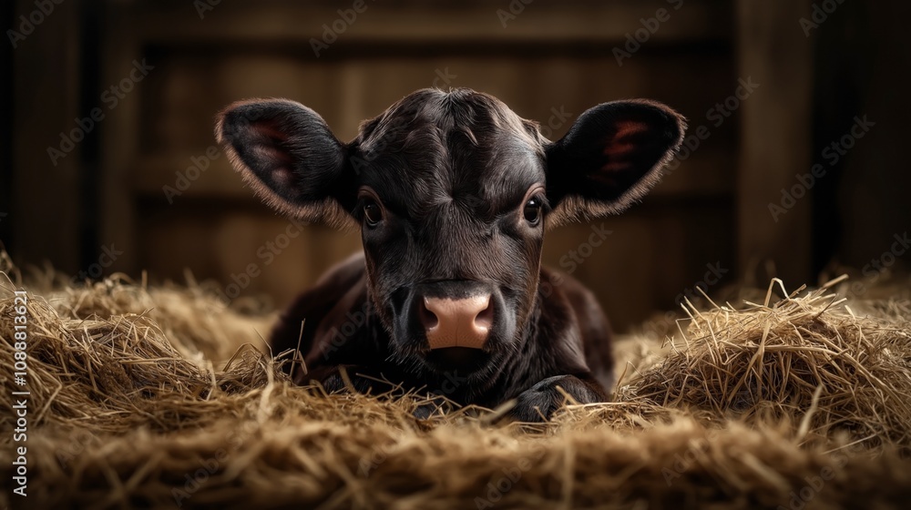 Close-up of a young black calf lying on a bed of straw in a barn, showcasing its large ears and soft expression. Close-up of a young black calf lying on a bed of straw in a barn, showcasing its large ears and soft expression.