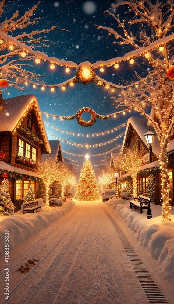 Christmas village street with lights and festive decorations Christmas village street with lights and festive decorations