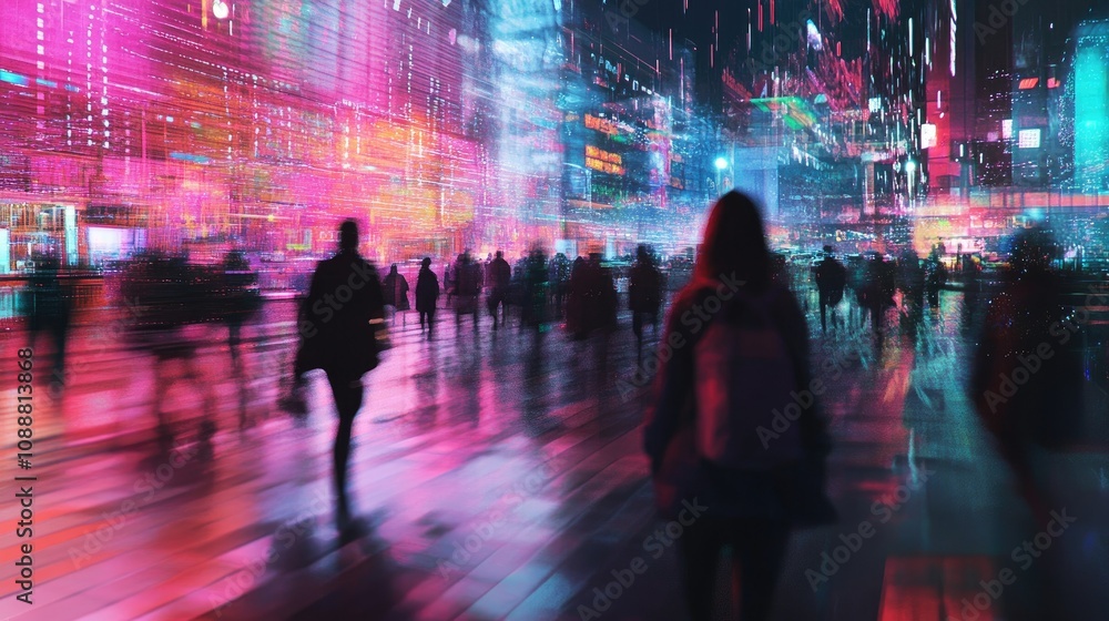 Cyberpunk city at night, crowd walking, neon lights. Cyberpunk city at night, crowd walking, neon lights.