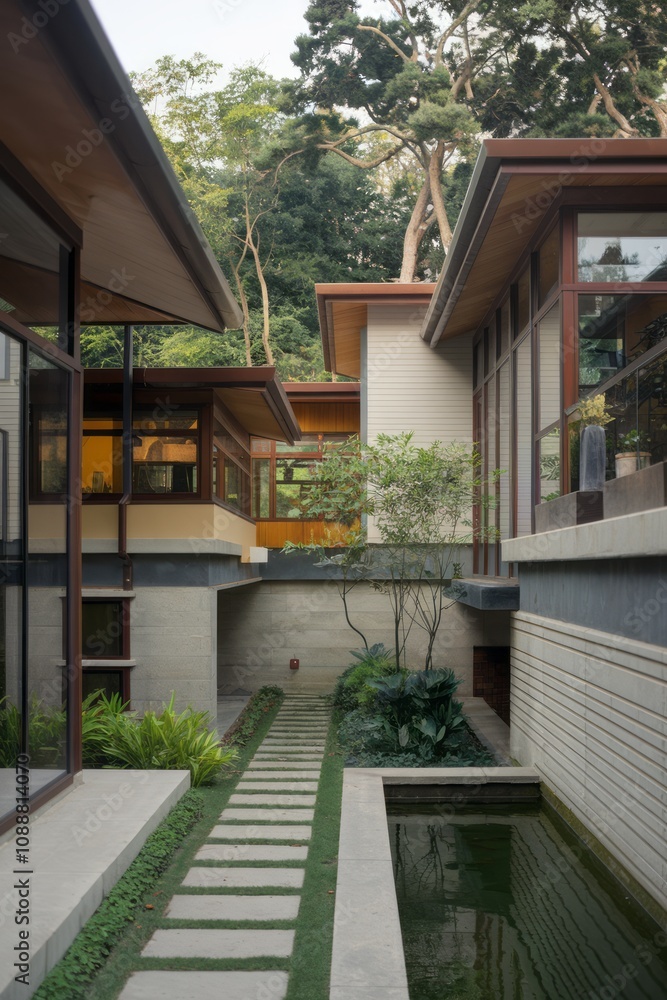 Fototapeta premium Modern Contemporary Home with Floor-to-Ceiling Windows and Beautiful Landscaping