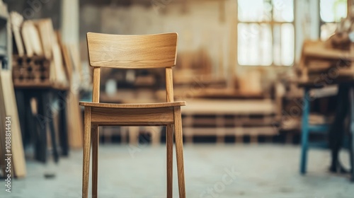 A rustic wooden chair stands alone in a workshop filled with raw materials, showcasing craftsmanship in a serene, industrial setting.