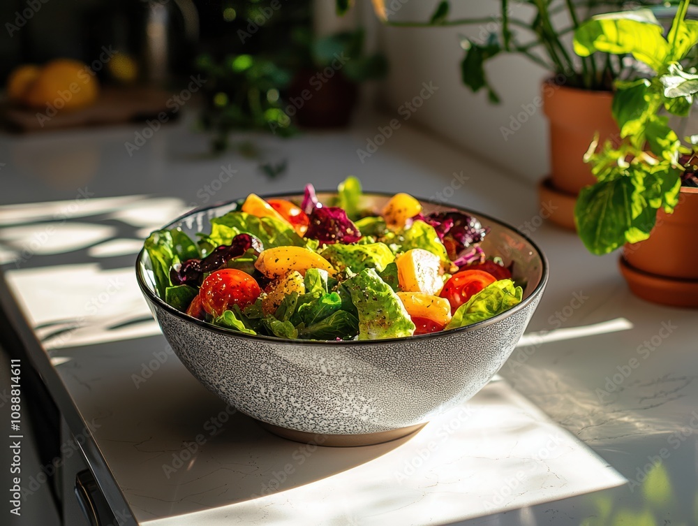 Fresh and Colorful Salad with Vibrant Vegetables in a Beautiful Bowl on a Bright Kitchen Counter, Natural Light and Greenery in Background Fresh and Colorful Salad with Vibrant Vegetables in a Beautiful Bowl on a Bright Kitchen Counter, Natural Light and Greenery in Background