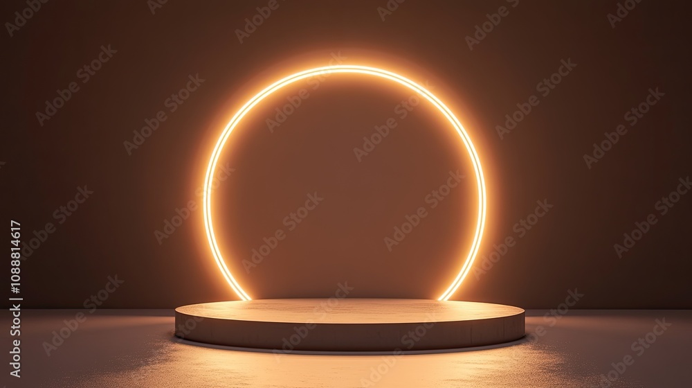 Illuminated oval neon frame above a round platform. Illuminated oval neon frame above a round platform.
