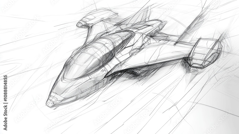Sketch of futuristic spaceship design, top view. Sketch of futuristic spaceship design, top view.