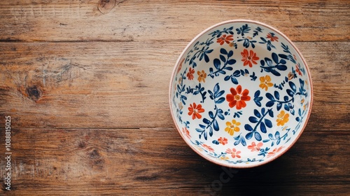 A beautifully decorated ceramic bowl with floral patterns sits on a rustic wooden surface, showcasing vibrant colors and intricate designs.