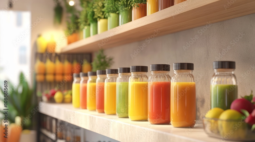 Colorful fruit juice bottles on shelf. Colorful fruit juice bottles on shelf.