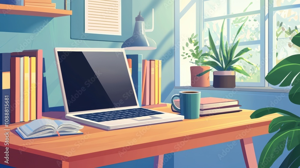 A Cozy Workspace with Laptop, Books, Plant, and Coffee Cup Bathed in Natural Light Through a Window Showcasing a Harmonious Study Environment A Cozy Workspace with Laptop, Books, Plant, and Coffee Cup Bathed in Natural Light Through a Window Showcasing a Harmonious Study Environment