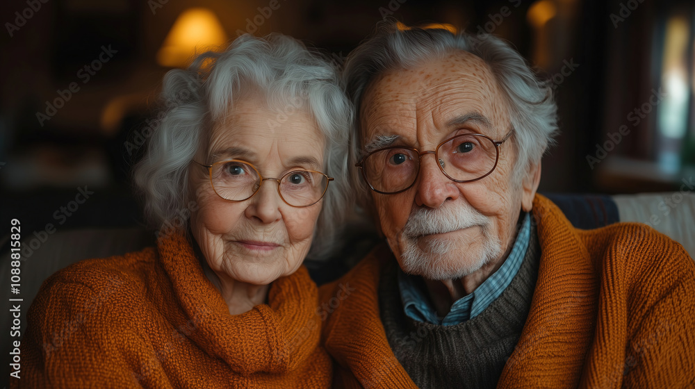 Elderly couple sharing a tender moment indoors while wearing cozy sweaters during the evening. Generative AI Elderly couple sharing a tender moment indoors while wearing cozy sweaters during the evening. Generative AI