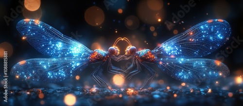 Two glowing dragonflies meet in the dark