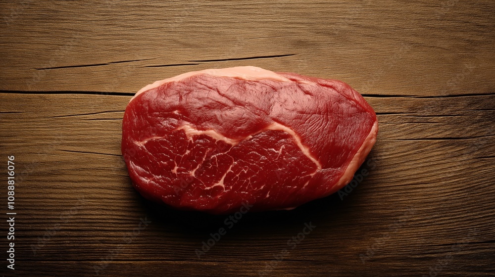 Raw beef steak on a rustic wooden surface displaying marbling and texture, ideal for culinary and food preparation themes in a kitchen or dining context Raw beef steak on a rustic wooden surface displaying marbling and texture, ideal for culinary and food preparation themes in a kitchen or dining context