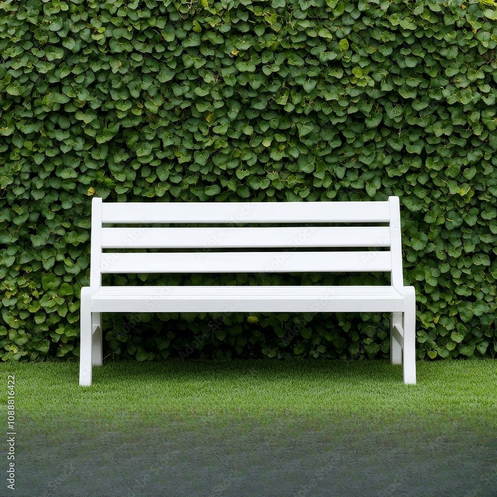Serene White Bench on Green Grass Lush Ivy Wall Background Serene White Bench on Green Grass Lush Ivy Wall Background