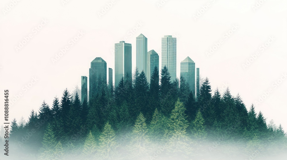 A misty cityscape emerges from lush green forests, blending urban and natural elements harmoniously. A misty cityscape emerges from lush green forests, blending urban and natural elements harmoniously.