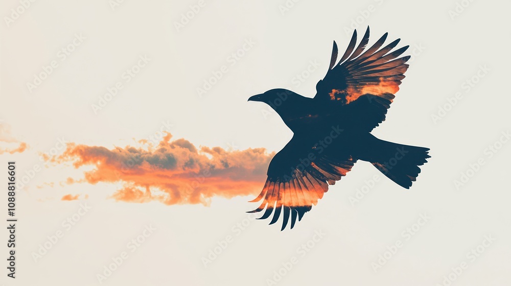 Fototapeta premium A silhouetted bird flies against a sunset backdrop, showcasing its wings and the warm hues of the evening sky.