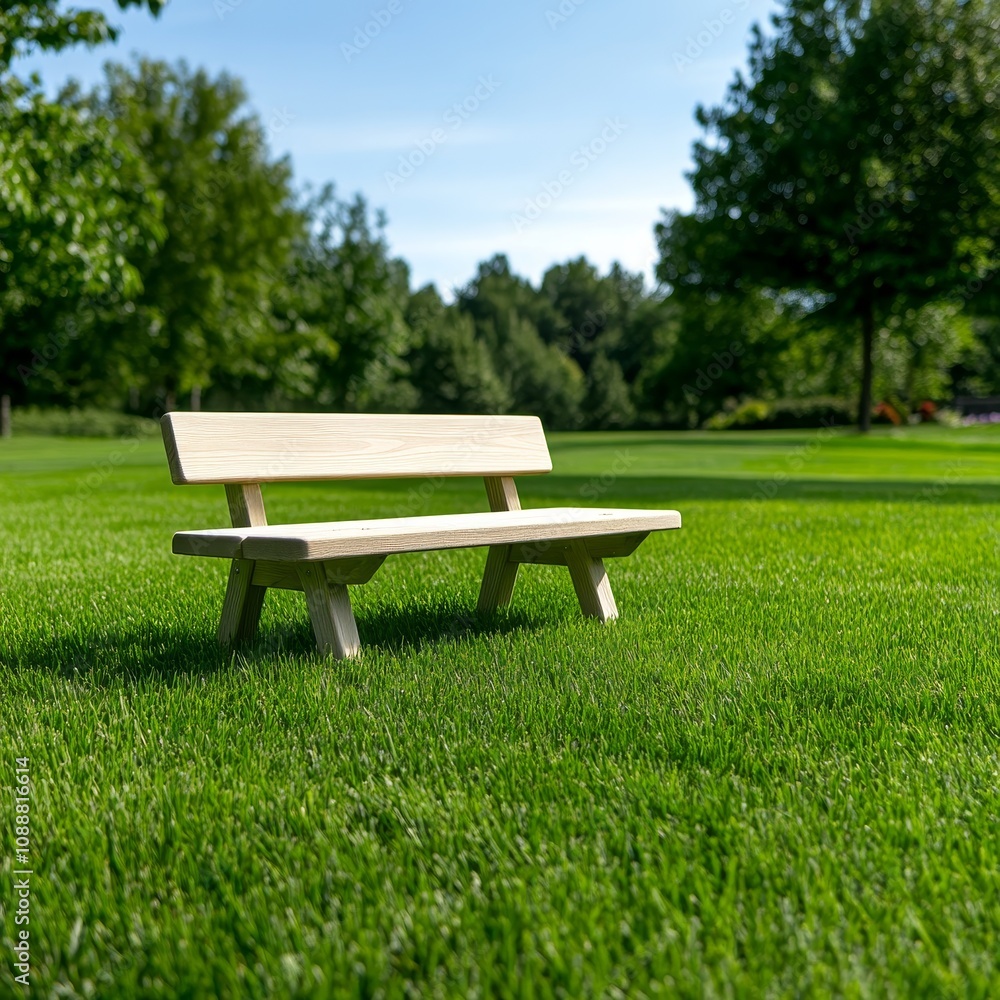 Wooden Park Bench on Green Grass Summer Day Outdoor Relaxation Wooden Park Bench on Green Grass Summer Day Outdoor Relaxation