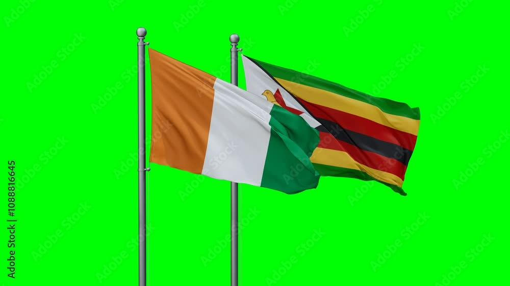 Zimbabwe and Ivory Coast flags flying together, video concept of the relationship with colored chroma key for easy background remove, two country cooperation concept Zimbabwe and Ivory Coast flags flying together, video concept of the relationship with colored chroma key for easy background remove, two country cooperation concept
