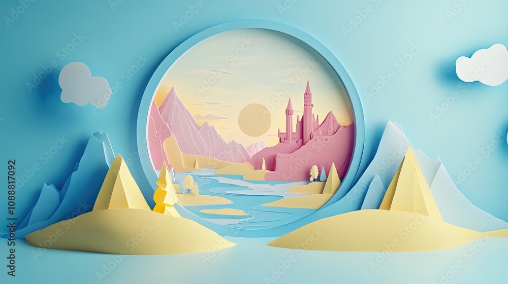Paper art castle landscape in pastel colors. Paper art castle landscape in pastel colors.