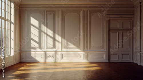 An elegant white wall with intricate wainscoting