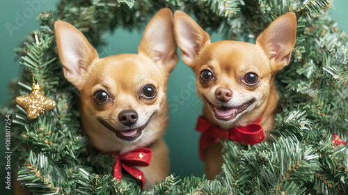 Two happy smiling chihuahua dogs wearing red bows are in a christmas tree wreath