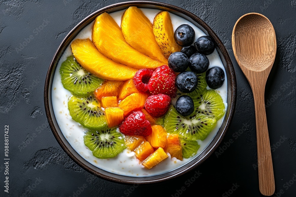 Overhead view of a yogurt breakfast bowl with bright, colorful fruit toppings and a wooden spoon Overhead view of a yogurt breakfast bowl with bright, colorful fruit toppings and a wooden spoon