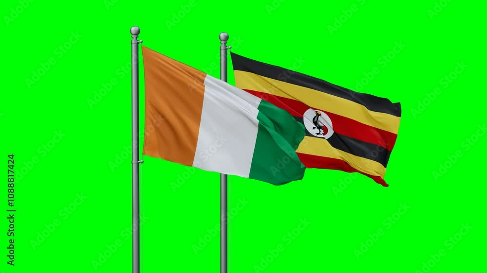 Republic of Uganda and Ivory Coast flags flying together, video concept of the relationship with colored chroma key for easy background remove, two country cooperation concept Republic of Uganda and Ivory Coast flags flying together, video concept of the relationship with colored chroma key for easy background remove, two country cooperation concept