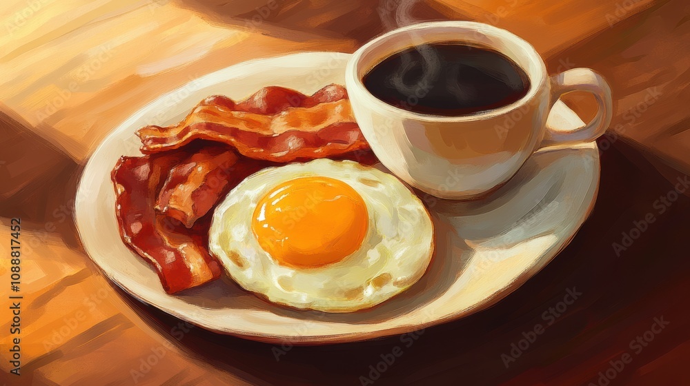 Coffee, eggs, bacon breakfast. Generative AI
