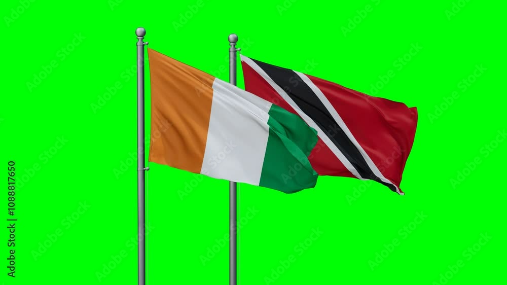 Trinidad and Tobago and Ivory Coast flags flying together, video concept of the relationship with colored chroma key for easy background remove, two country cooperation concept Trinidad and Tobago and Ivory Coast flags flying together, video concept of the relationship with colored chroma key for easy background remove, two country cooperation concept
