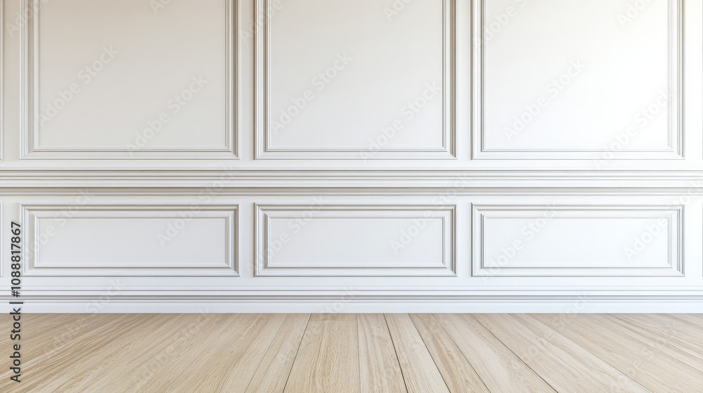 An elegant white wall with intricate wainscoting An elegant white wall with intricate wainscoting