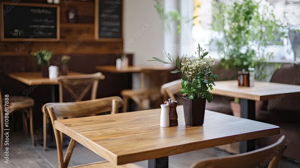 Empty restaurant table with flowers, salt and pepper shakers.