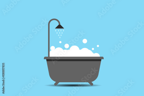 White ceramic bath full of foam with bubbles. Relax bathroom. Vector illustration in  flat style isolated on blue background.